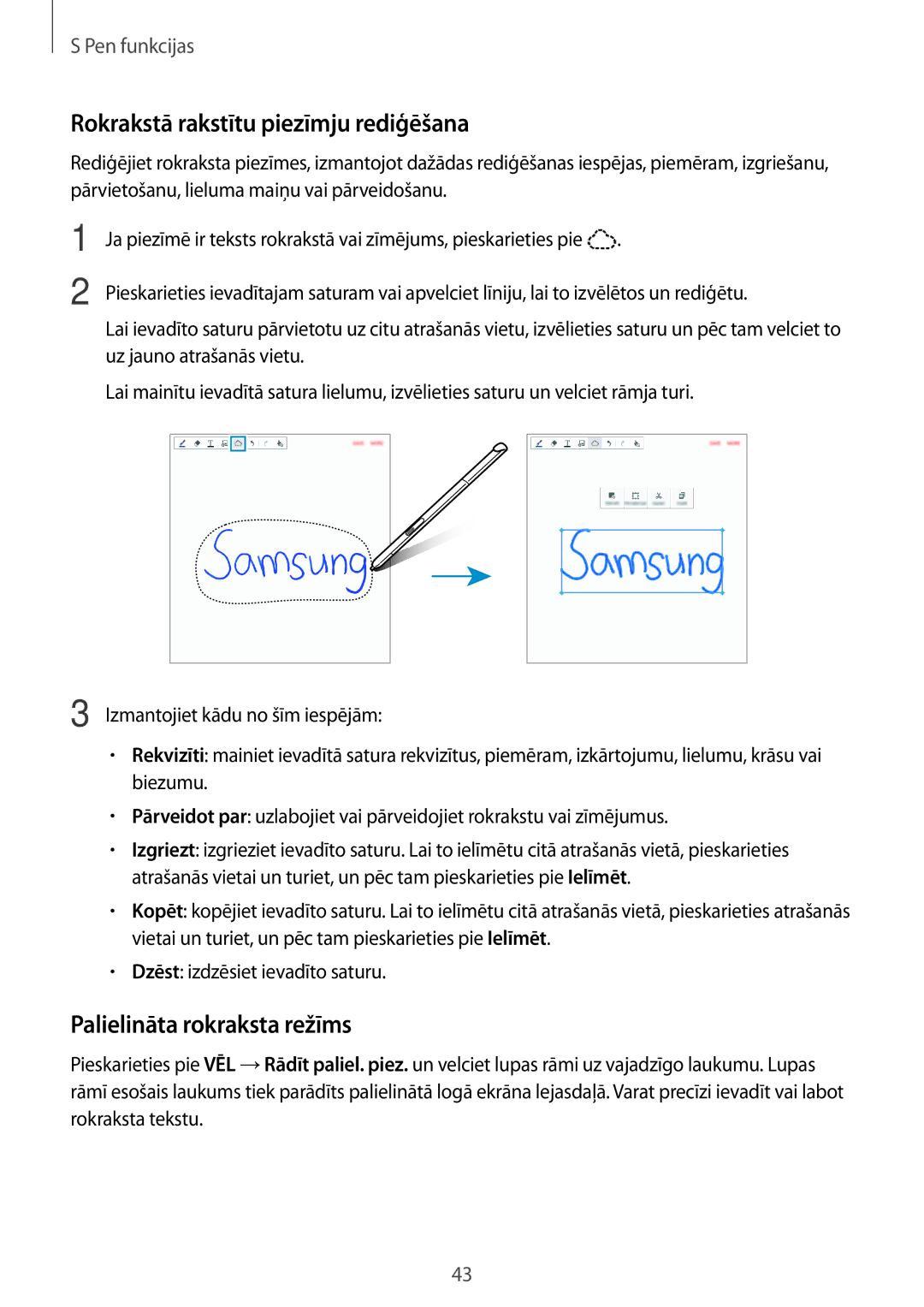 Samsung SM-P550NZKASEB manual Rokrakstā rakstītu piezīmju rediģēšana, Palielināta rokraksta režīms 