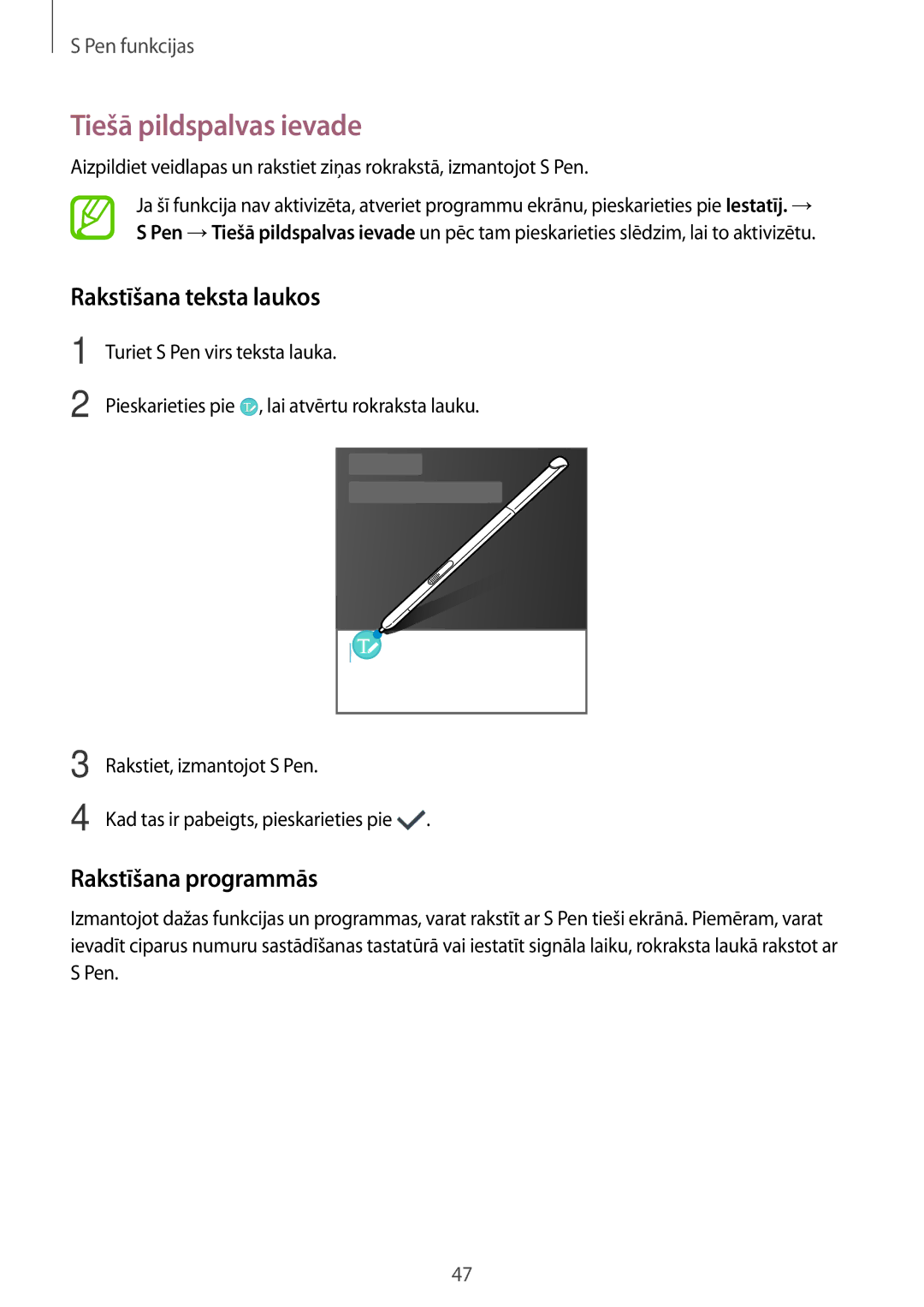 Samsung SM-P550NZKASEB manual Tiešā pildspalvas ievade, Rakstīšana teksta laukos, Rakstīšana programmās 