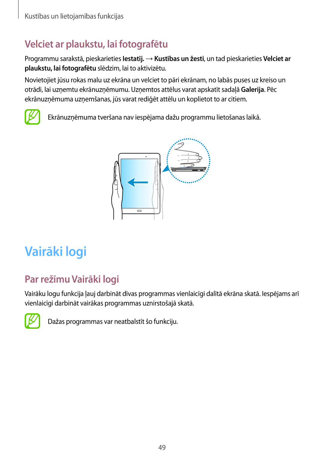 Samsung SM-P550NZKASEB manual Velciet ar plaukstu, lai fotografētu, Par režīmu Vairāki logi 