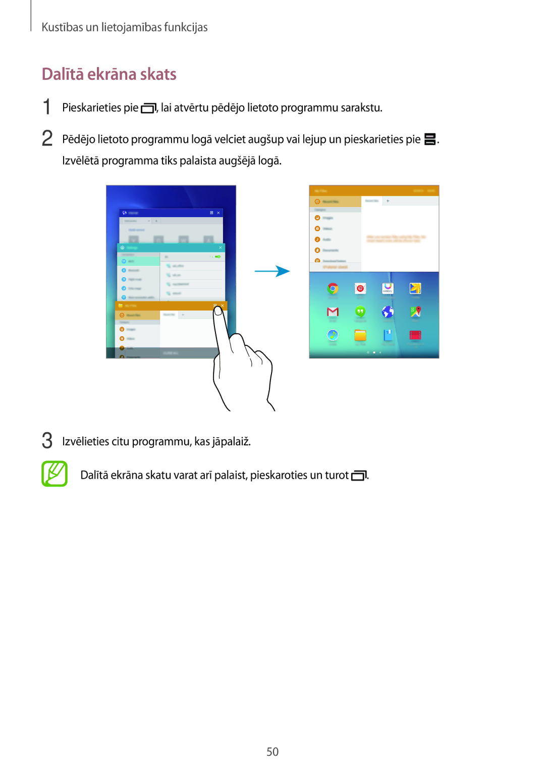 Samsung SM-P550NZKASEB manual Dalītā ekrāna skats 