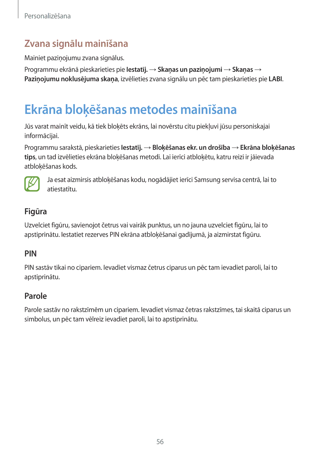 Samsung SM-P550NZKASEB manual Ekrāna bloķēšanas metodes mainīšana, Zvana signālu mainīšana, Figūra, Parole 