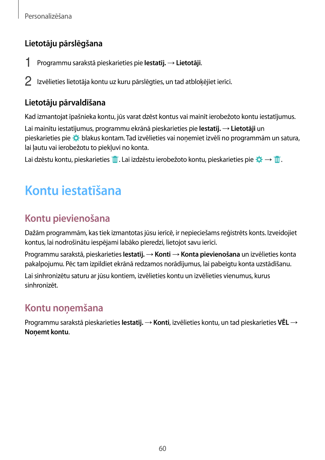 Samsung SM-P550NZKASEB manual Kontu iestatīšana, Kontu pievienošana, Kontu noņemšana, Lietotāju pārslēgšana 