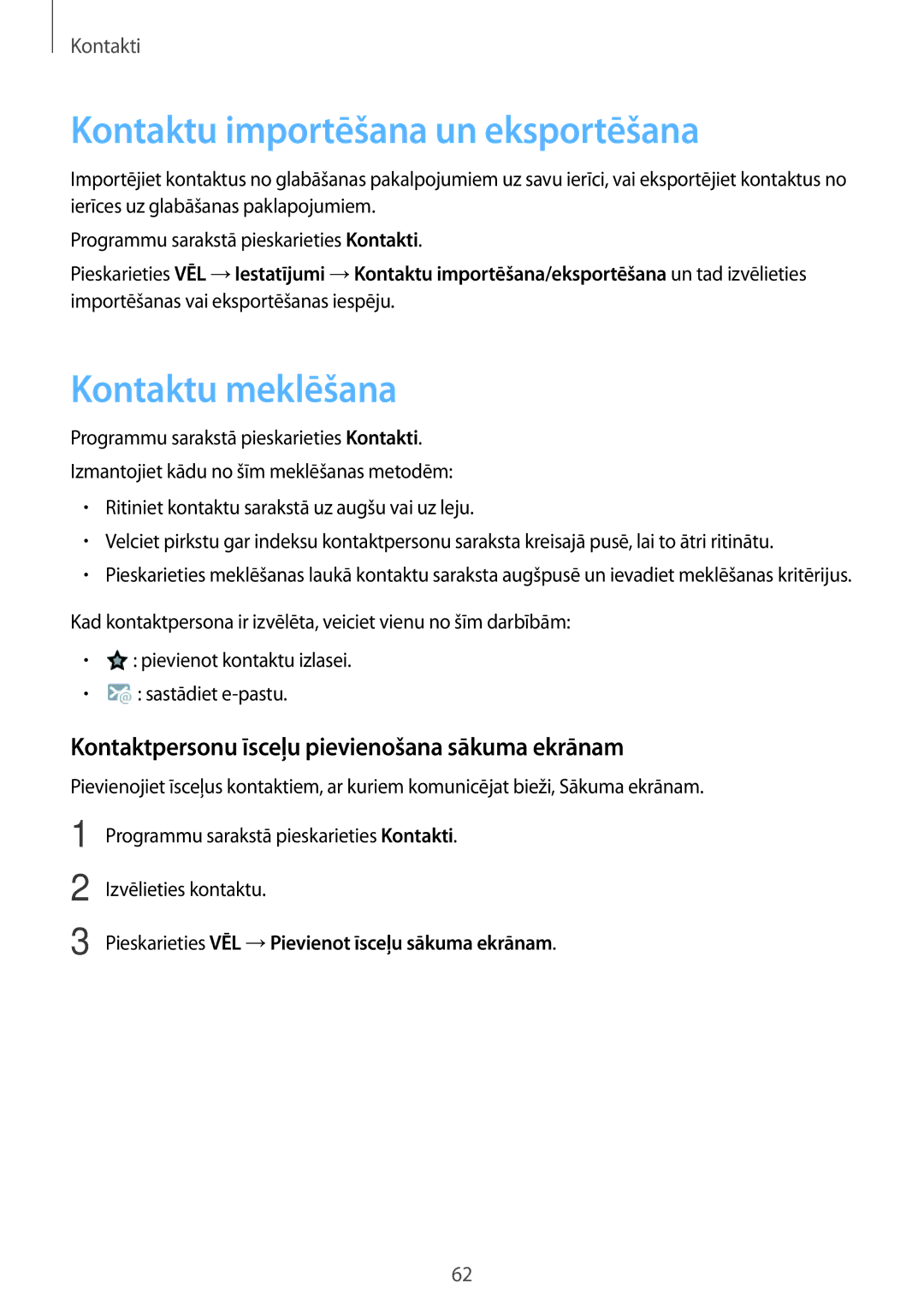 Samsung SM-P550NZKASEB manual Kontaktu importēšana un eksportēšana, Kontaktu meklēšana 