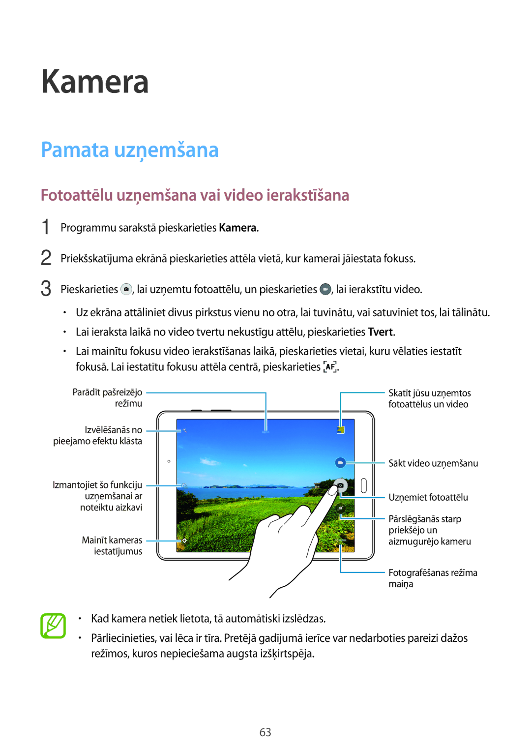 Samsung SM-P550NZKASEB manual Kamera, Pamata uzņemšana, Fotoattēlu uzņemšana vai video ierakstīšana 