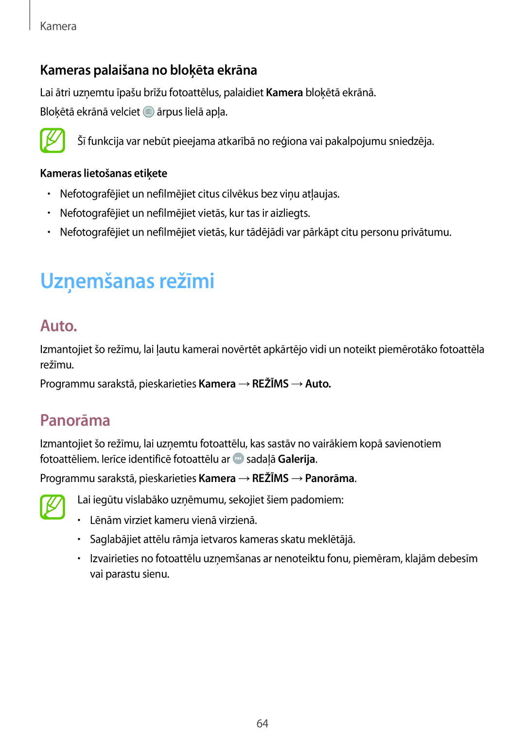 Samsung SM-P550NZKASEB manual Uzņemšanas režīmi, Auto, Panorāma, Kameras palaišana no bloķēta ekrāna 