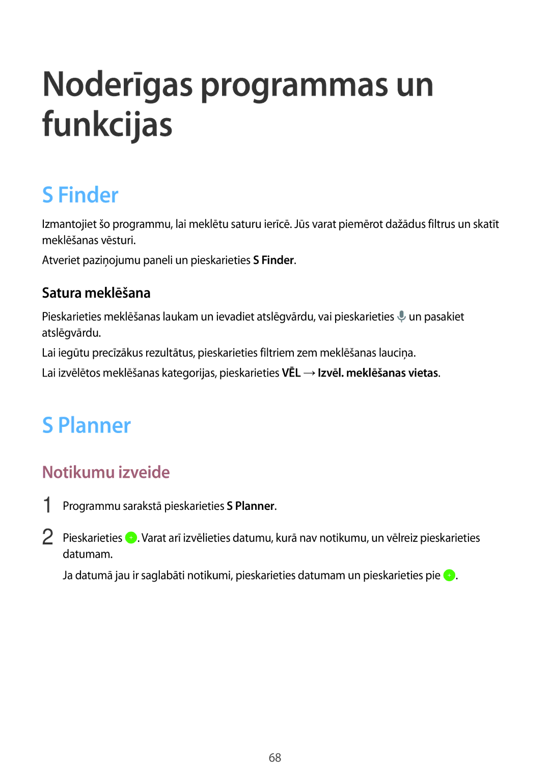 Samsung SM-P550NZKASEB manual Finder, Planner, Notikumu izveide, Satura meklēšana 