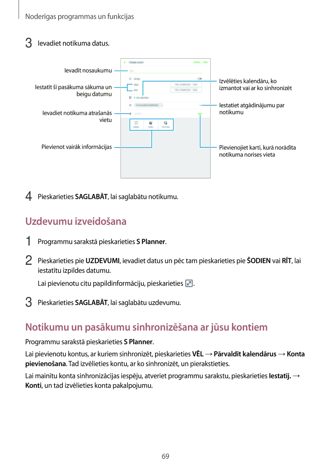 Samsung SM-P550NZKASEB Uzdevumu izveidošana, Notikumu un pasākumu sinhronizēšana ar jūsu kontiem, Ievadiet notikuma datus 