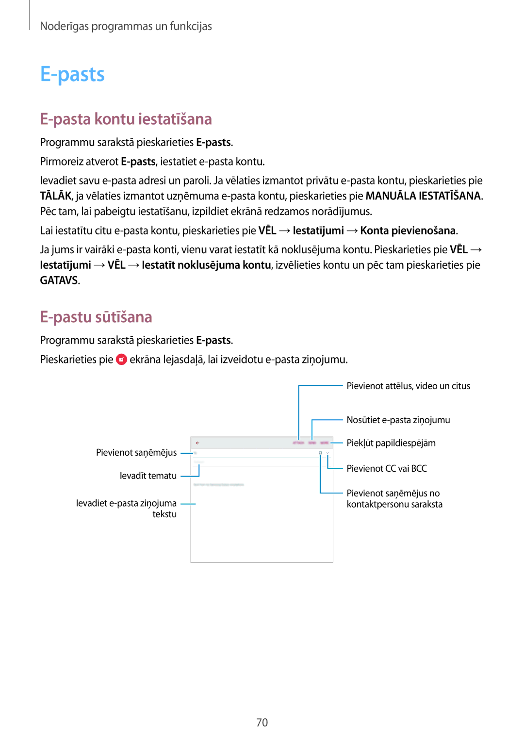 Samsung SM-P550NZKASEB manual Pasts, Pasta kontu iestatīšana, Pastu sūtīšana 