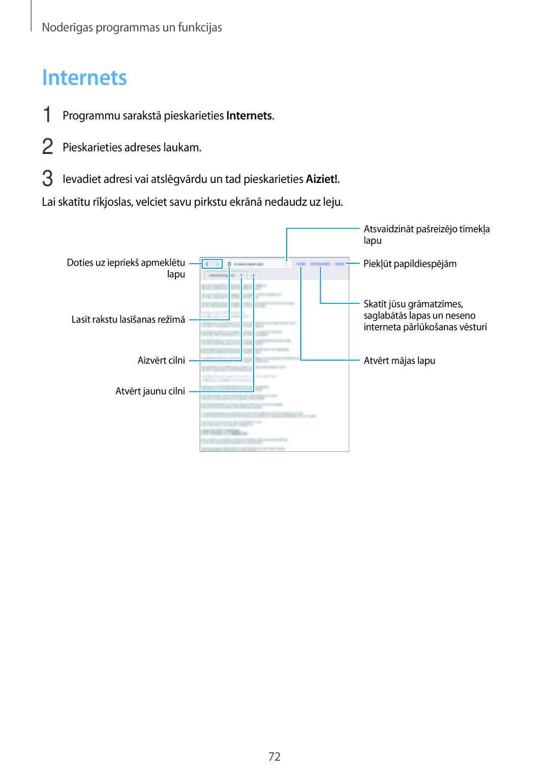 Samsung SM-P550NZKASEB manual Programmu sarakstā pieskarieties Internets, Pieskarieties adreses laukam 