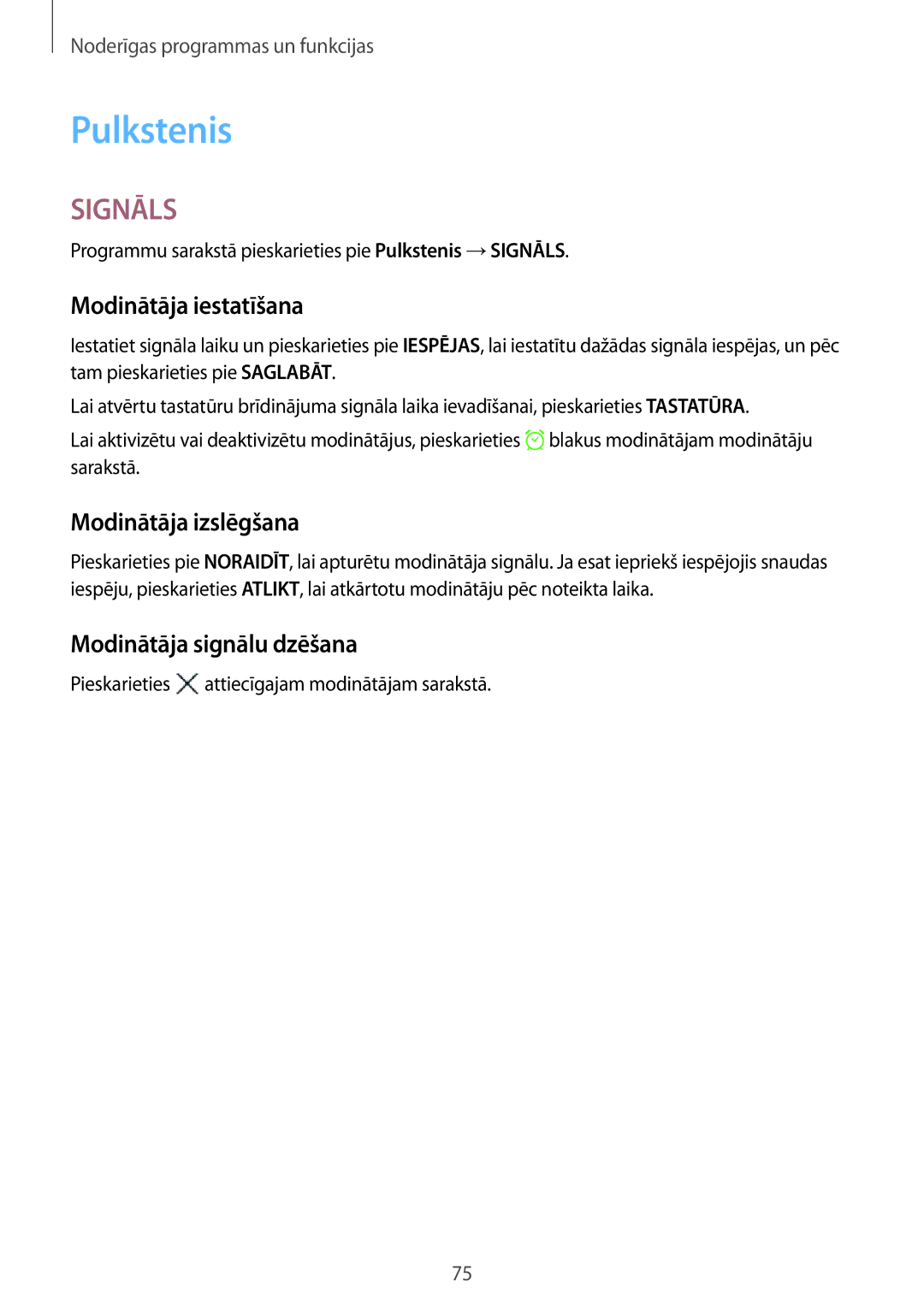 Samsung SM-P550NZKASEB manual Pulkstenis, Modinātāja iestatīšana, Modinātāja izslēgšana, Modinātāja signālu dzēšana 