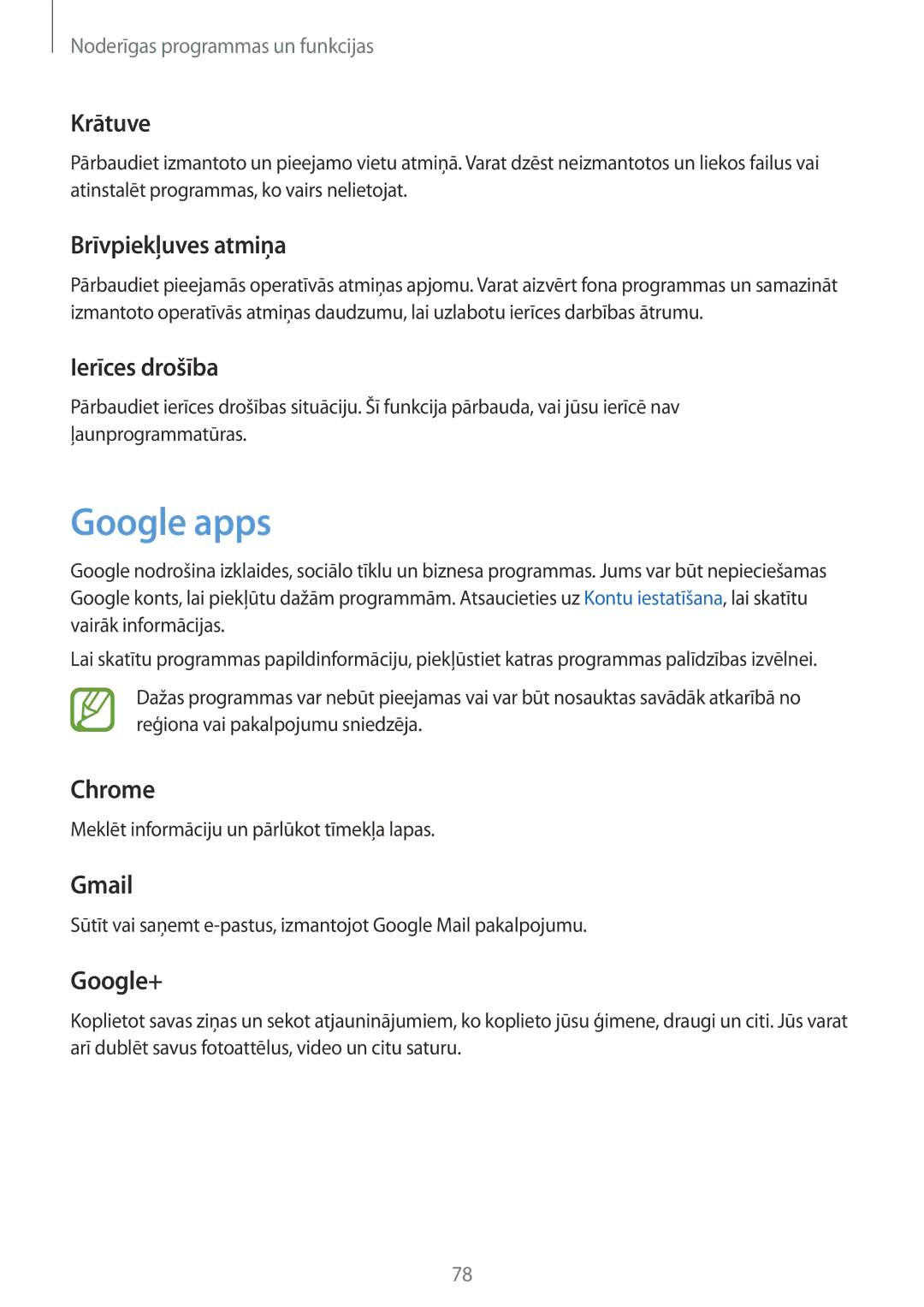 Samsung SM-P550NZKASEB manual Google apps, Krātuve, Brīvpiekļuves atmiņa, Ierīces drošība 