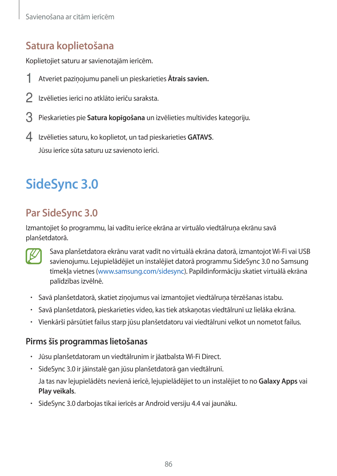 Samsung SM-P550NZKASEB manual Satura koplietošana, Par SideSync, Pirms šīs programmas lietošanas 