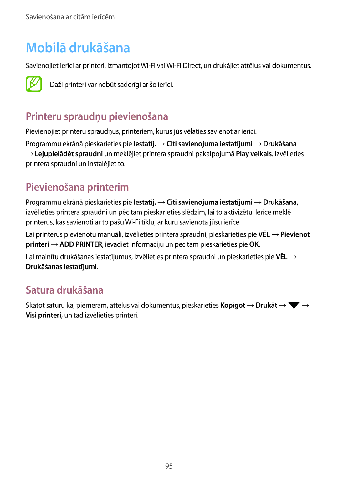 Samsung SM-P550NZKASEB manual Mobilā drukāšana, Printeru spraudņu pievienošana, Pievienošana printerim, Satura drukāšana 