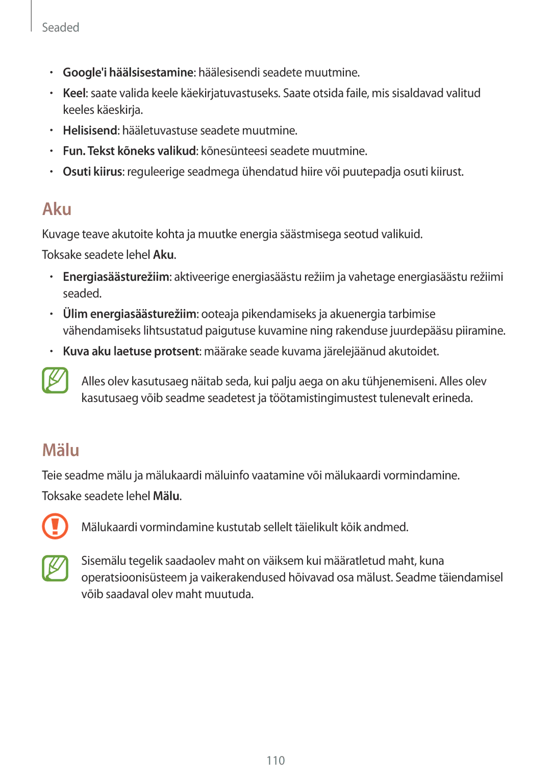 Samsung SM-P550NZKASEB manual Aku, Mälu 