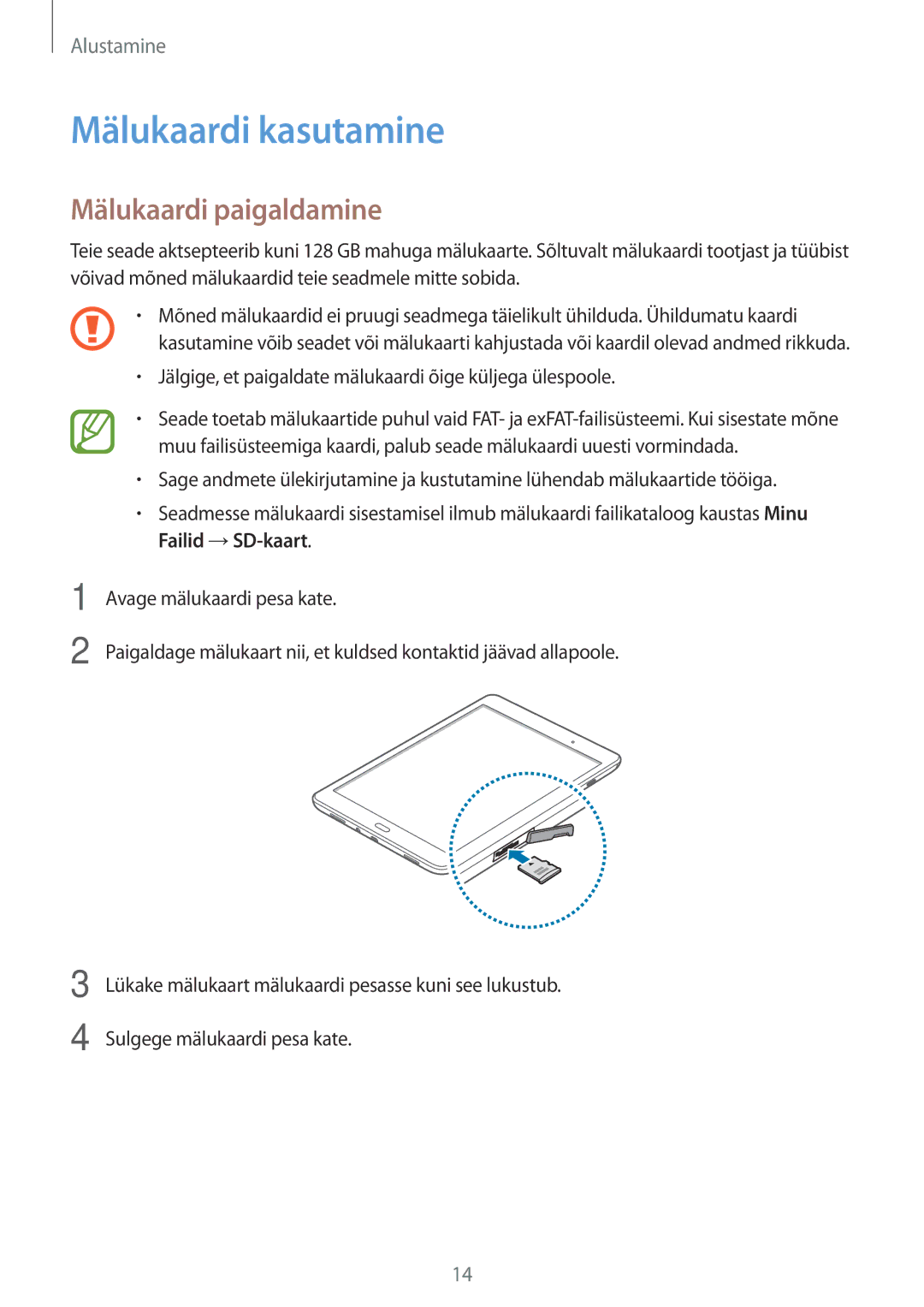 Samsung SM-P550NZKASEB manual Mälukaardi kasutamine 