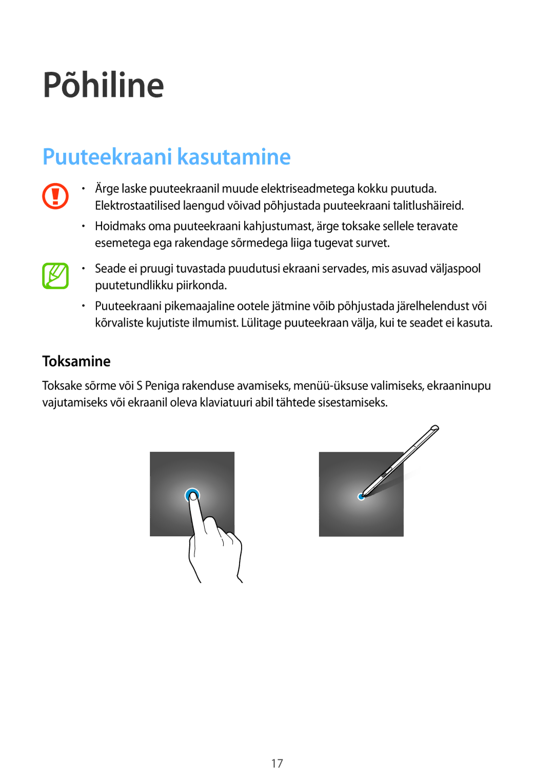 Samsung SM-P550NZKASEB manual Põhiline, Puuteekraani kasutamine, Toksamine 