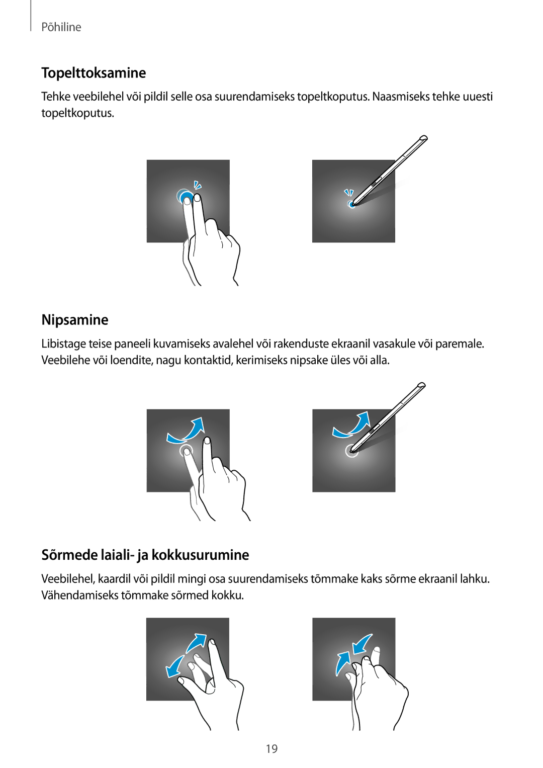 Samsung SM-P550NZKASEB manual Topelttoksamine, Nipsamine, Sõrmede laiali- ja kokkusurumine 