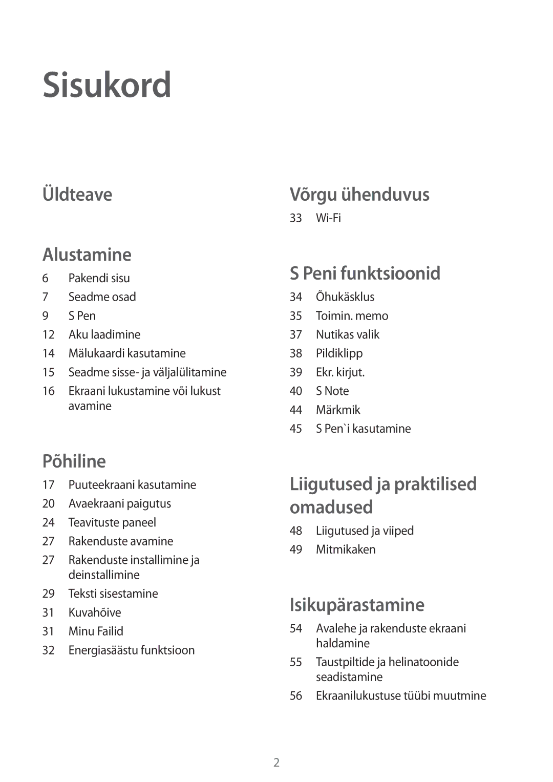 Samsung SM-P550NZKASEB manual Sisukord, Wi-Fi, Liigutused ja viiped Mitmikaken, Avalehe ja rakenduste ekraani haldamine 