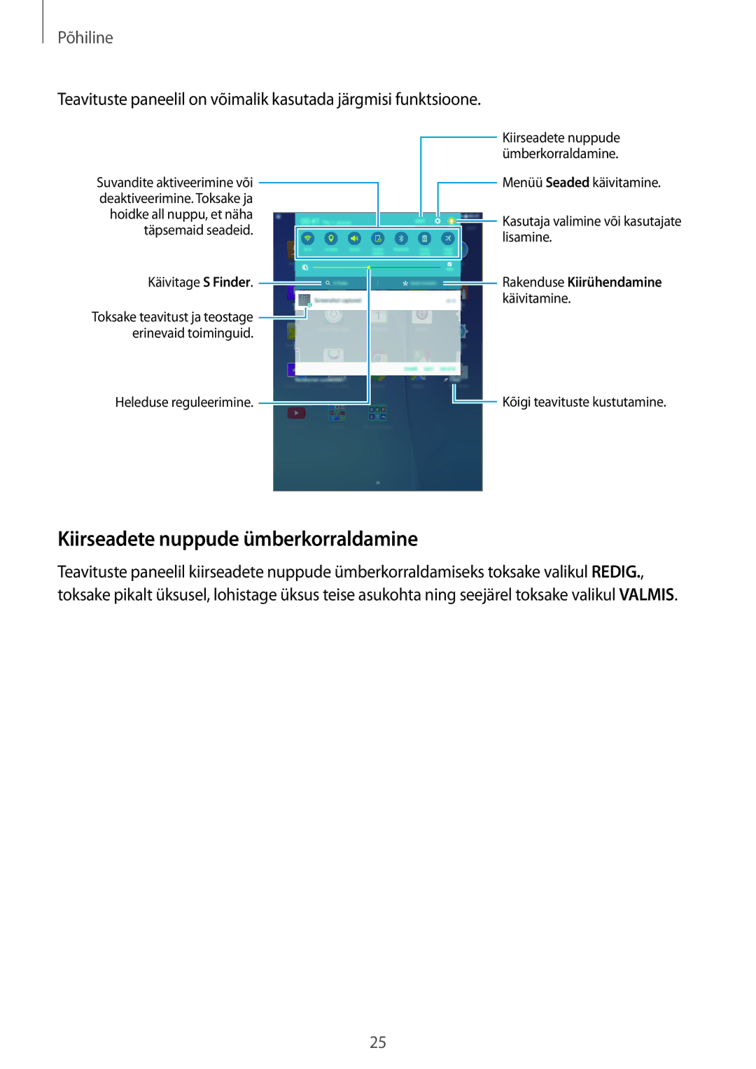 Samsung SM-P550NZKASEB manual Kiirseadete nuppude ümberkorraldamine 