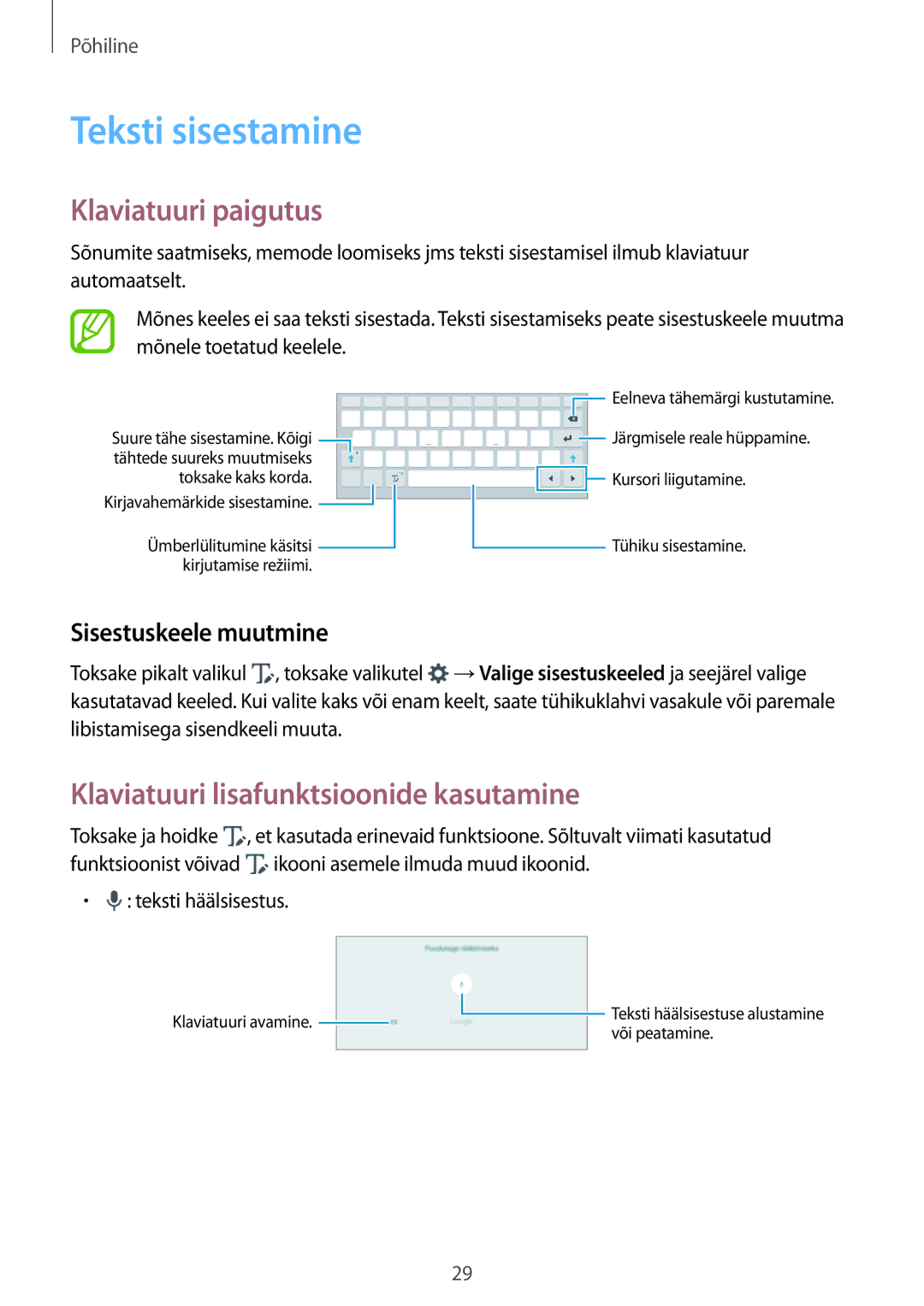 Samsung SM-P550NZKASEB manual Teksti sisestamine, Klaviatuuri paigutus, Klaviatuuri lisafunktsioonide kasutamine 