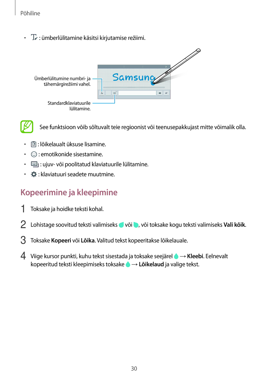 Samsung SM-P550NZKASEB manual Kopeerimine ja kleepimine, Ümberlülitamine käsitsi kirjutamise režiimi 