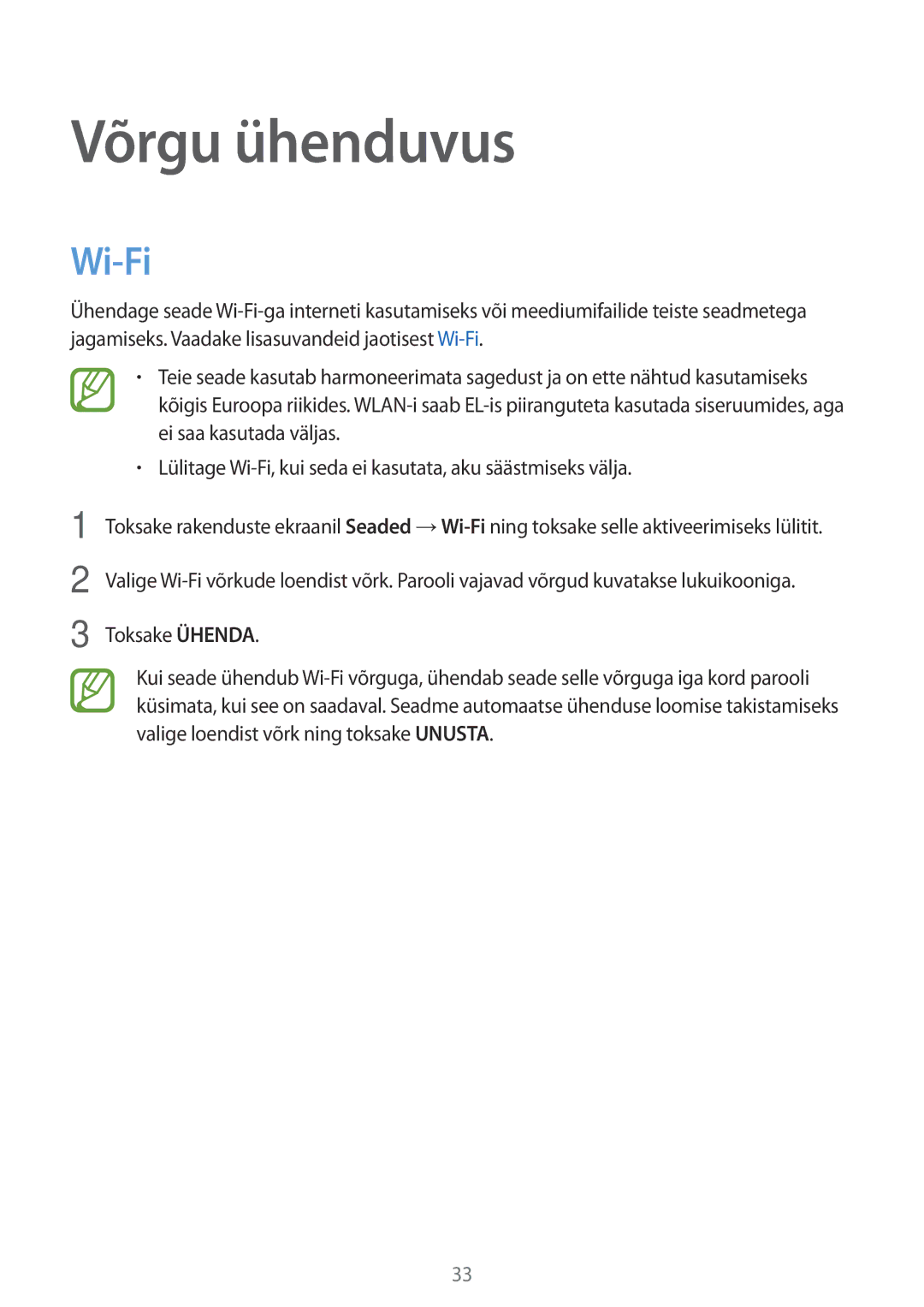 Samsung SM-P550NZKASEB manual Võrgu ühenduvus, Wi-Fi 