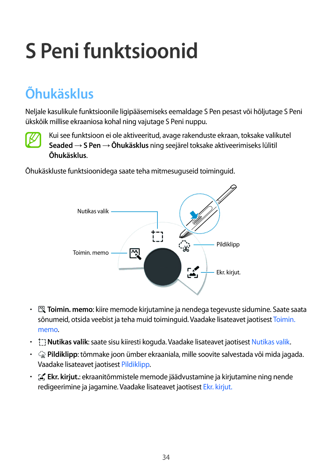 Samsung SM-P550NZKASEB manual Peni funktsioonid, Õhukäsklus 