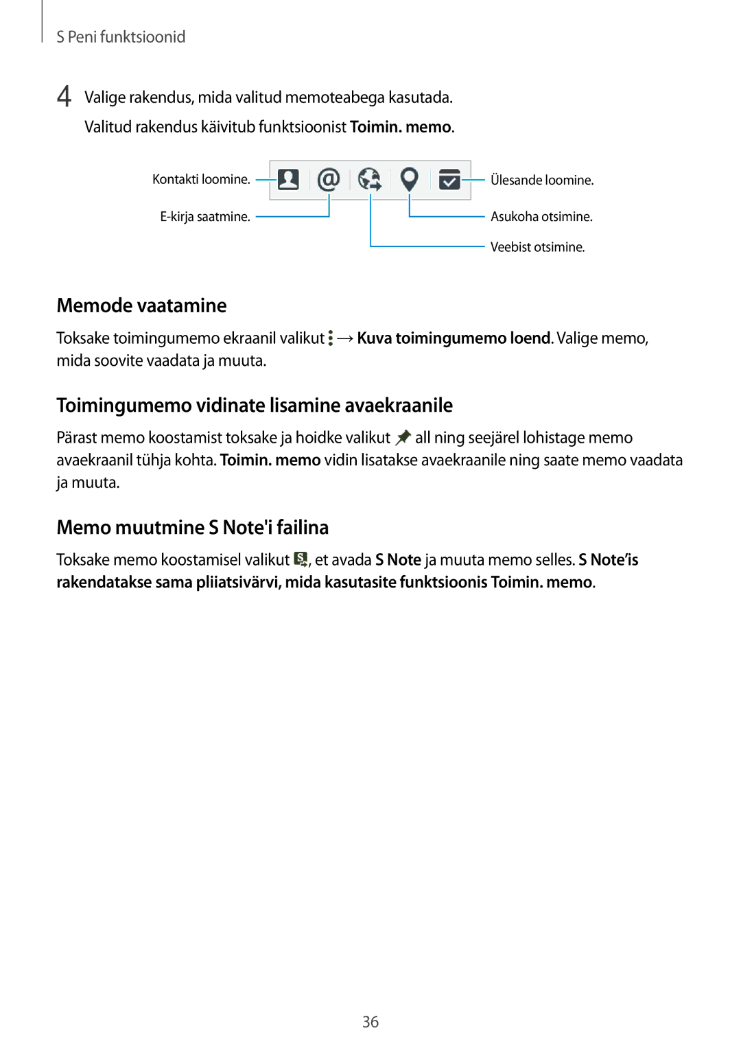 Samsung SM-P550NZKASEB manual Memode vaatamine, Toimingumemo vidinate lisamine avaekraanile, Memo muutmine S Notei failina 