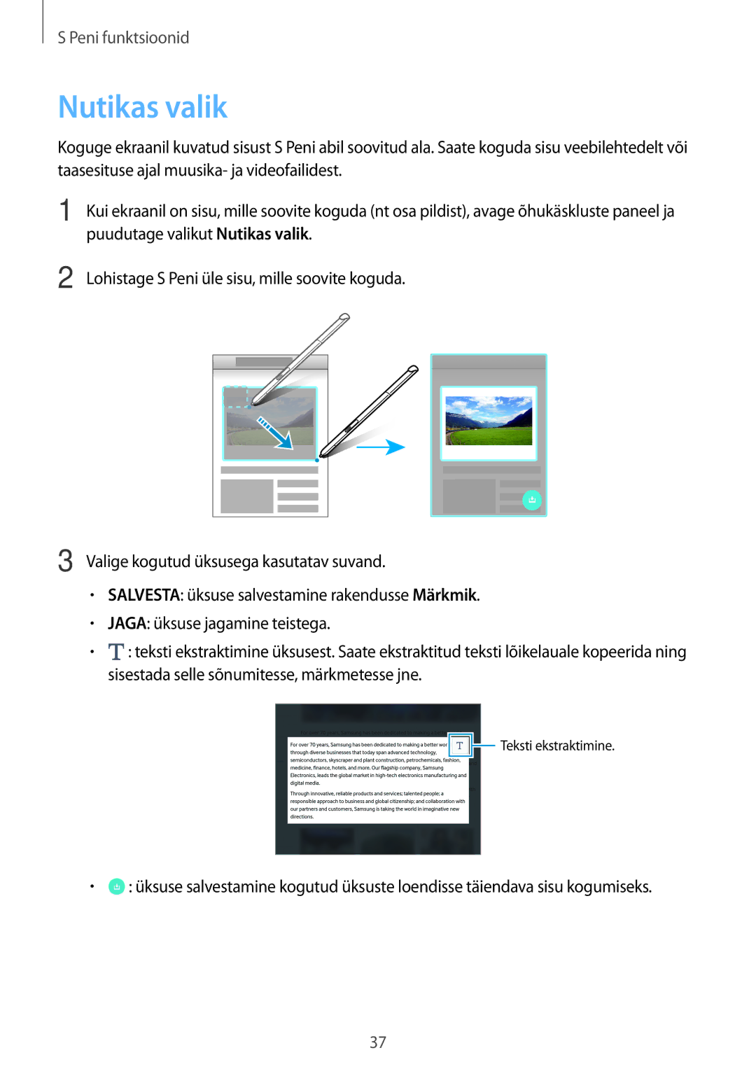 Samsung SM-P550NZKASEB manual Puudutage valikut Nutikas valik, Lohistage S Peni üle sisu, mille soovite koguda 