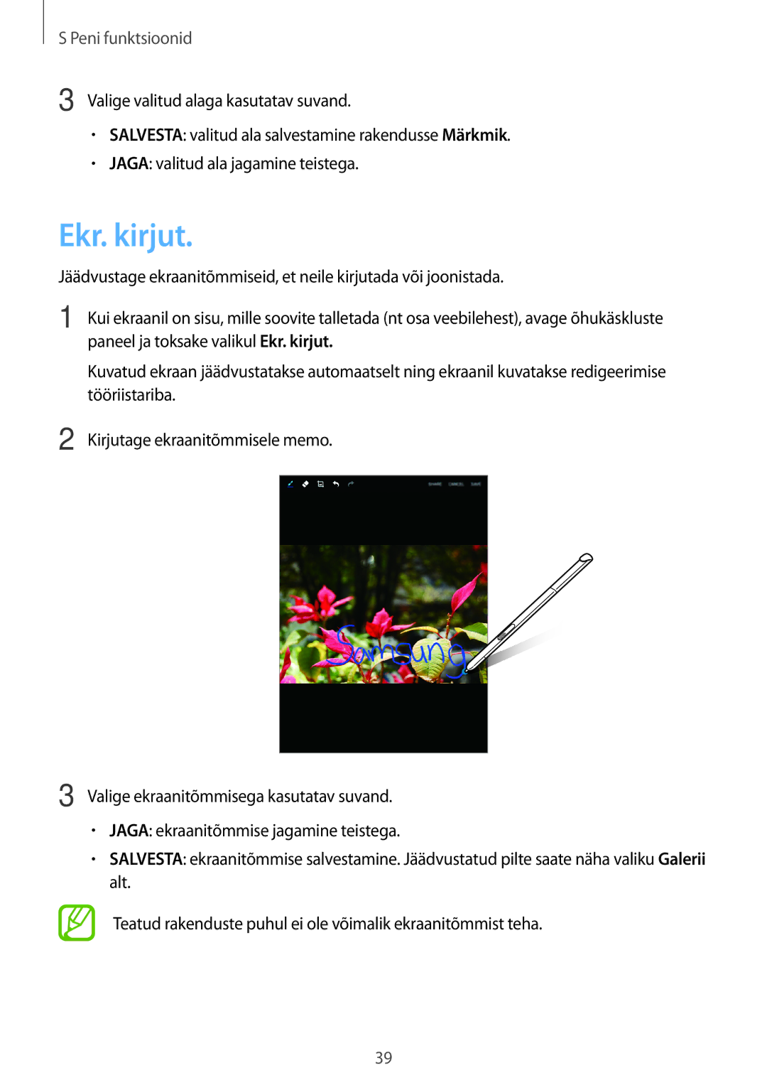 Samsung SM-P550NZKASEB manual Paneel ja toksake valikul Ekr. kirjut, Tööriistariba, Kirjutage ekraanitõmmisele memo 