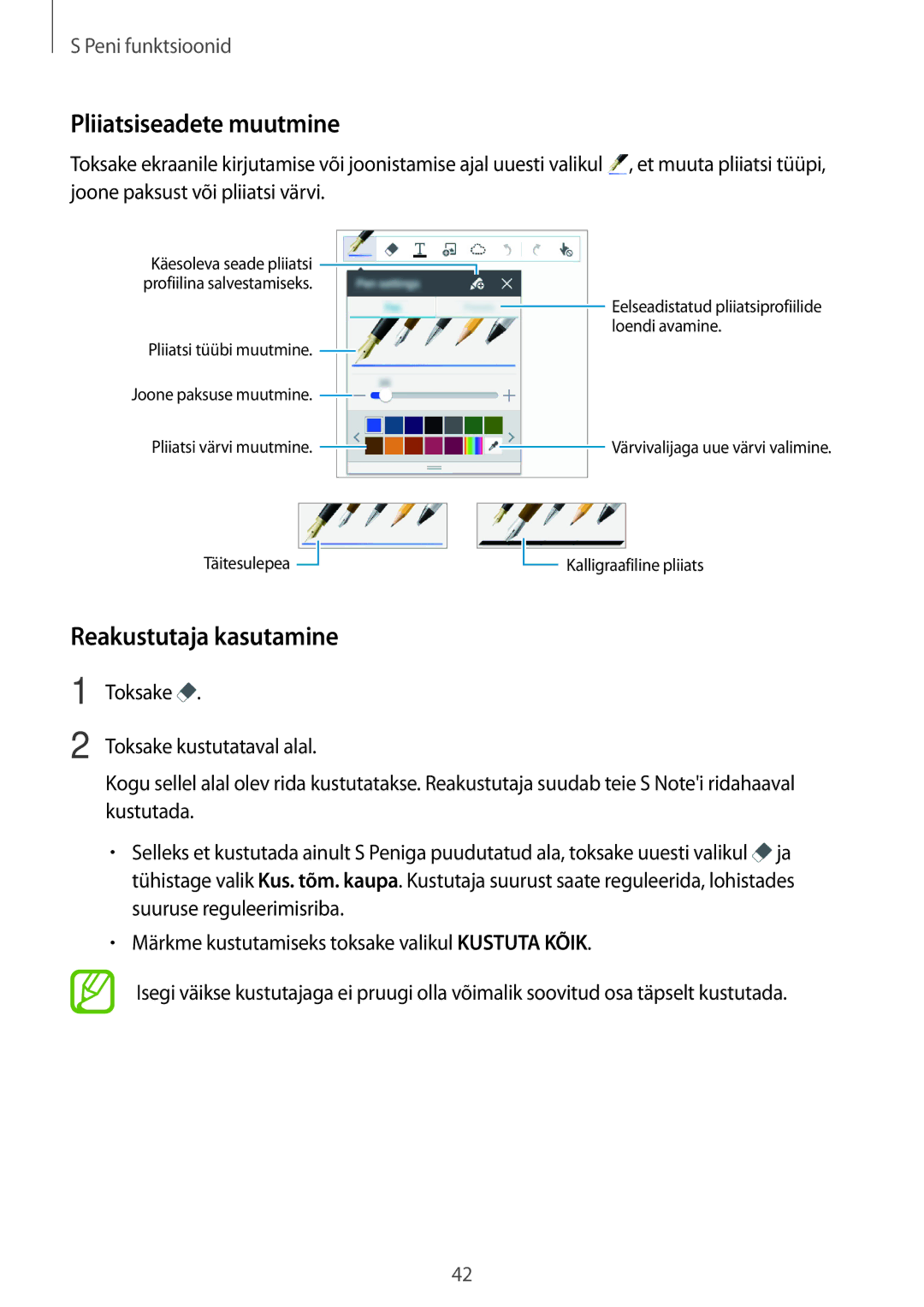 Samsung SM-P550NZKASEB manual Pliiatsiseadete muutmine, Reakustutaja kasutamine 