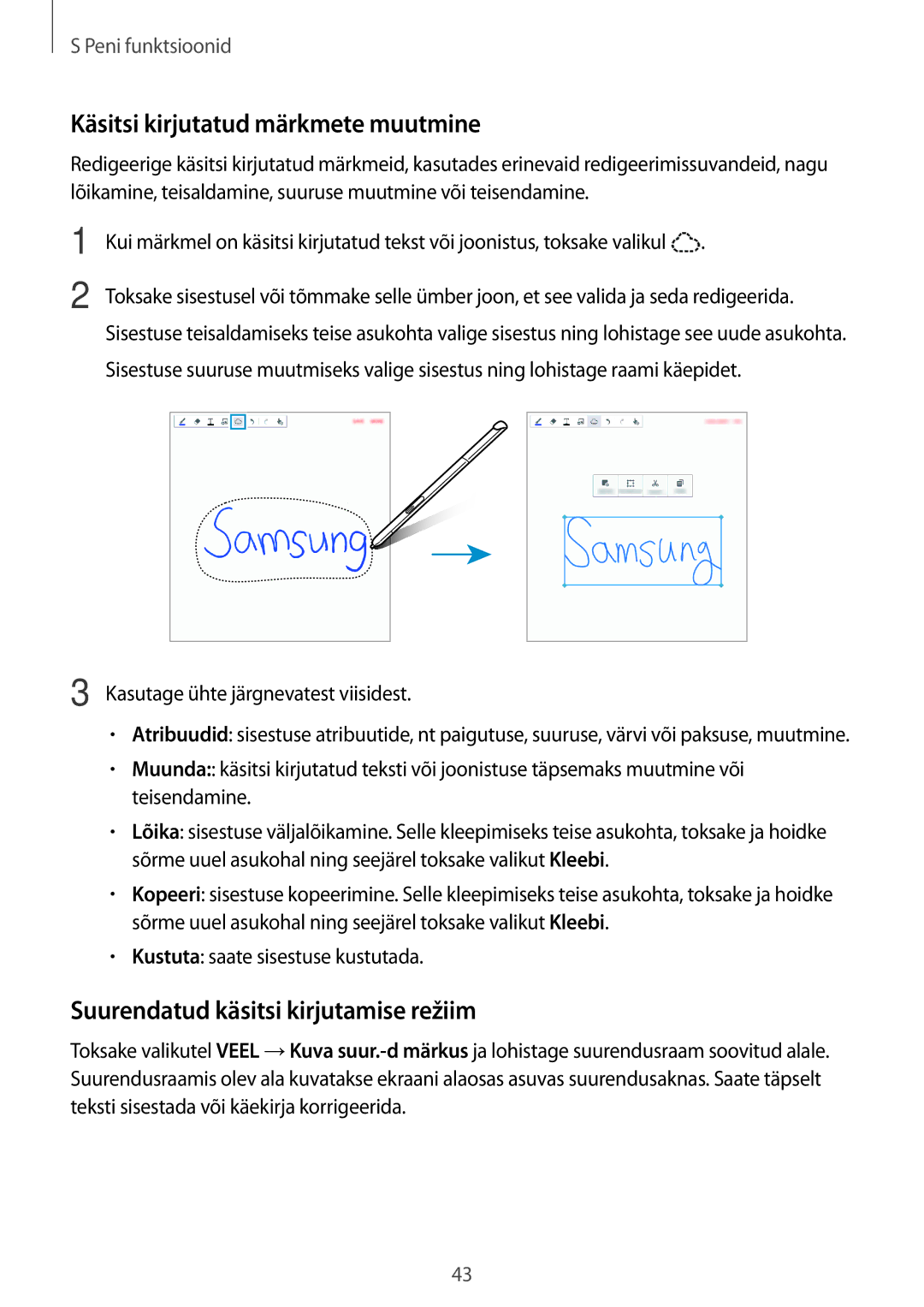 Samsung SM-P550NZKASEB manual Käsitsi kirjutatud märkmete muutmine, Suurendatud käsitsi kirjutamise režiim 