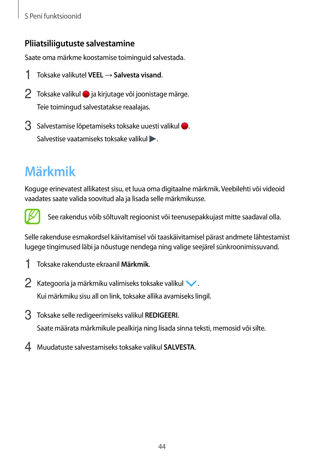 Samsung SM-P550NZKASEB manual Pliiatsiliigutuste salvestamine, Toksake rakenduste ekraanil Märkmik 