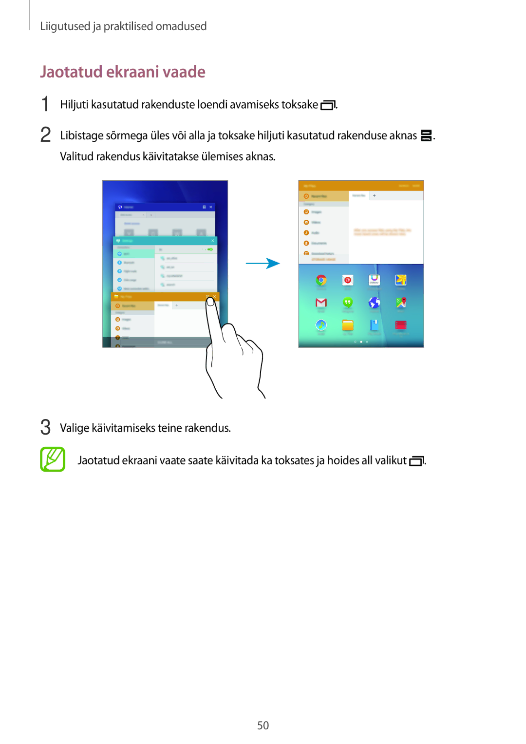 Samsung SM-P550NZKASEB manual Jaotatud ekraani vaade 