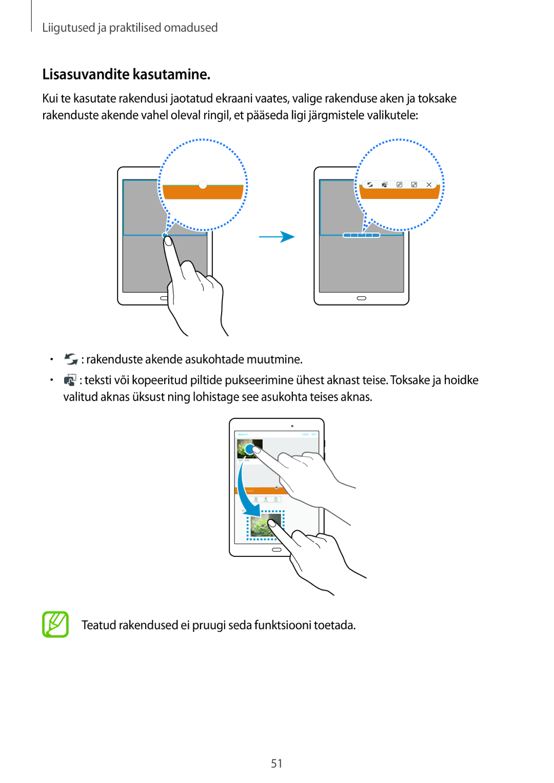 Samsung SM-P550NZKASEB manual Lisasuvandite kasutamine, Rakenduste akende asukohtade muutmine 