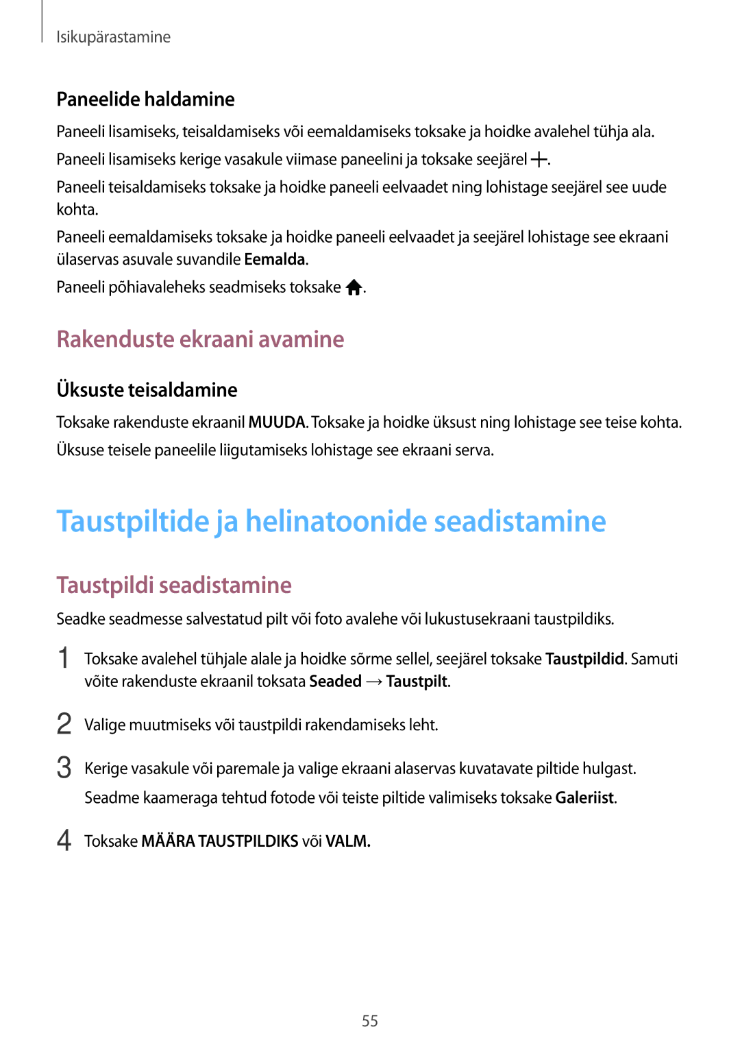 Samsung SM-P550NZKASEB Taustpiltide ja helinatoonide seadistamine, Rakenduste ekraani avamine, Taustpildi seadistamine 