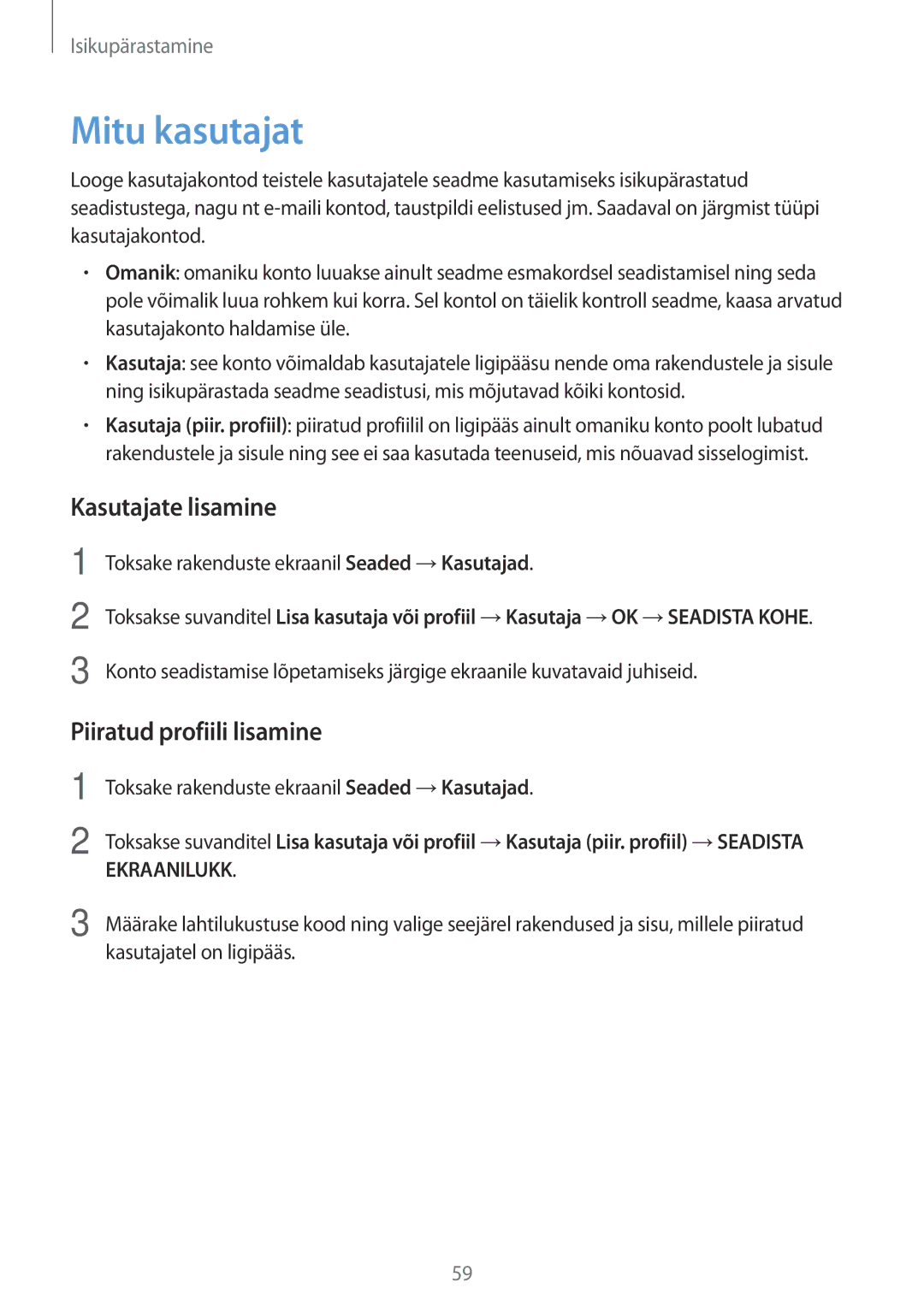 Samsung SM-P550NZKASEB manual Mitu kasutajat, Kasutajate lisamine, Piiratud profiili lisamine 