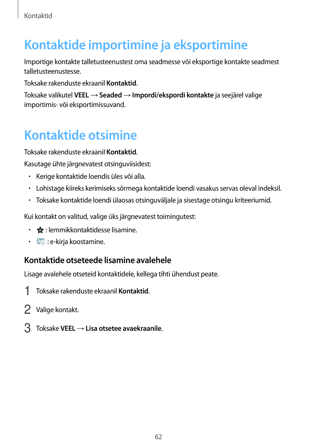 Samsung SM-P550NZKASEB manual Kontaktide importimine ja eksportimine, Kontaktide otsimine 