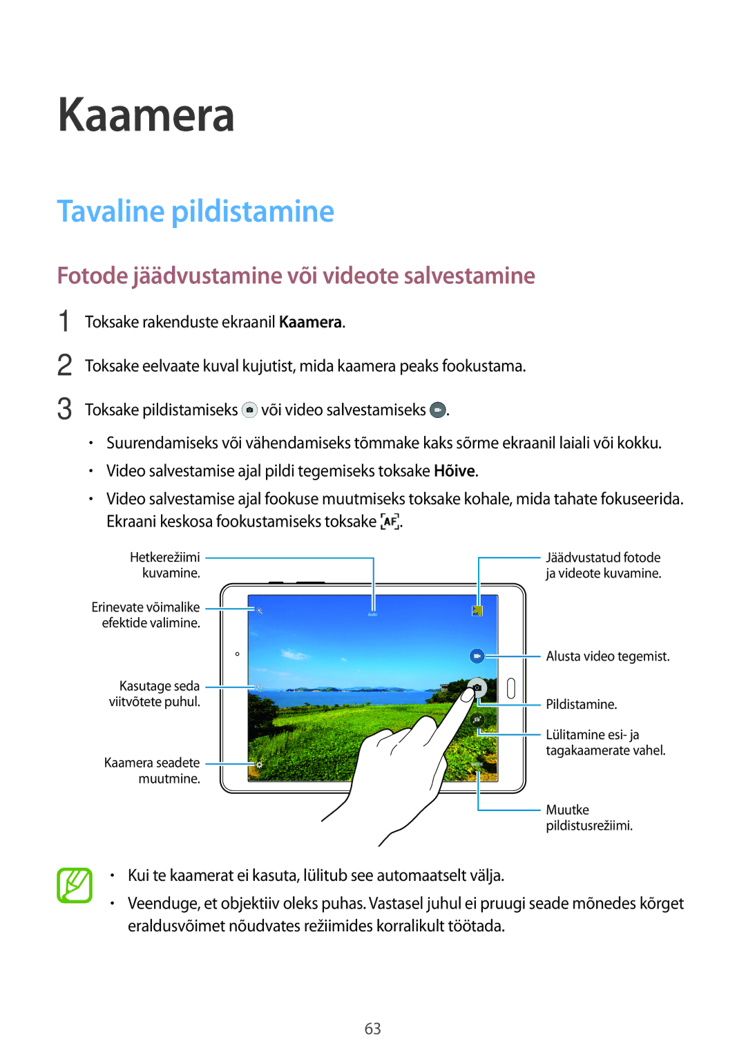 Samsung SM-P550NZKASEB manual Kaamera, Tavaline pildistamine, Fotode jäädvustamine või videote salvestamine 