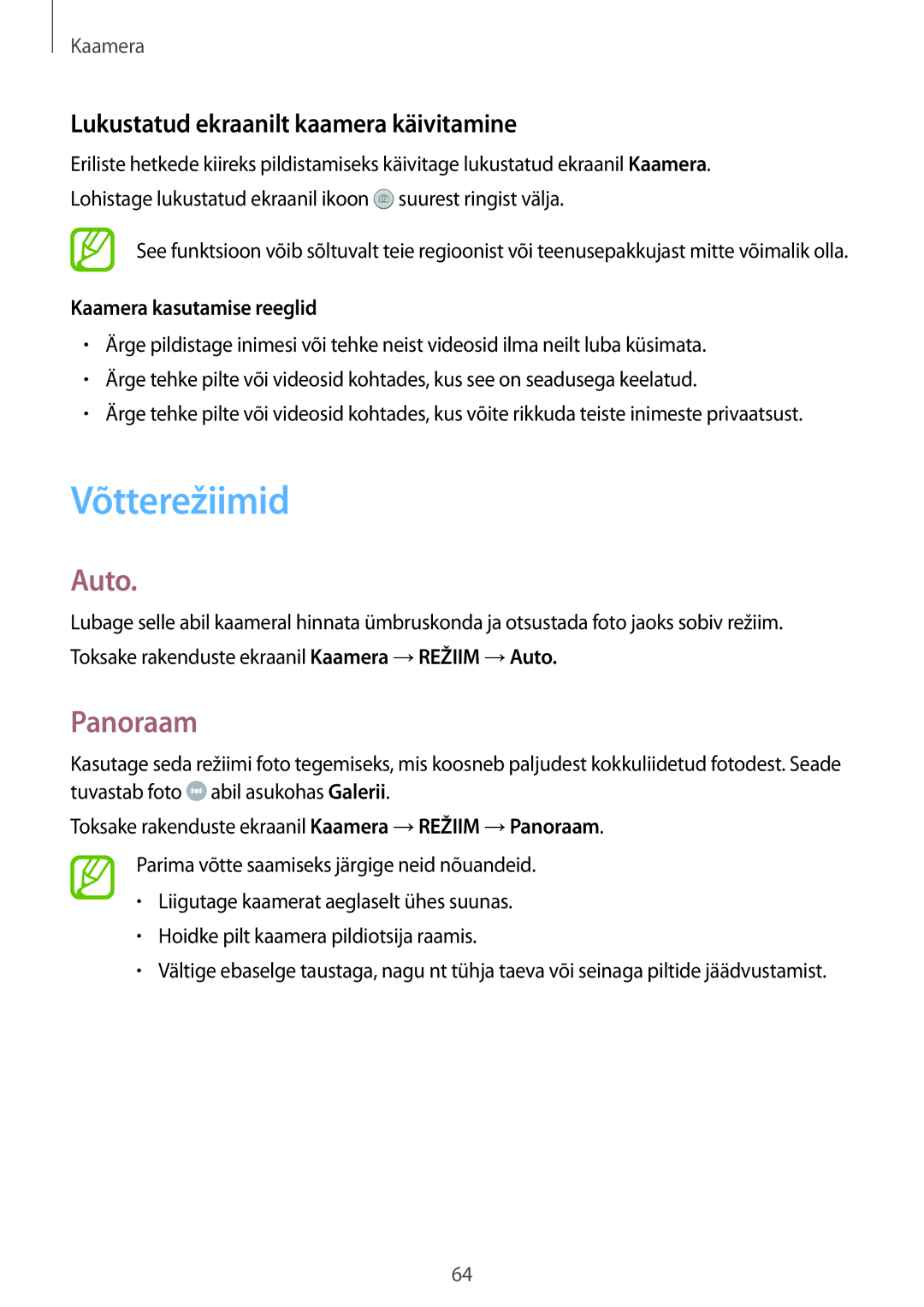 Samsung SM-P550NZKASEB manual Võtterežiimid, Auto, Panoraam, Lukustatud ekraanilt kaamera käivitamine 