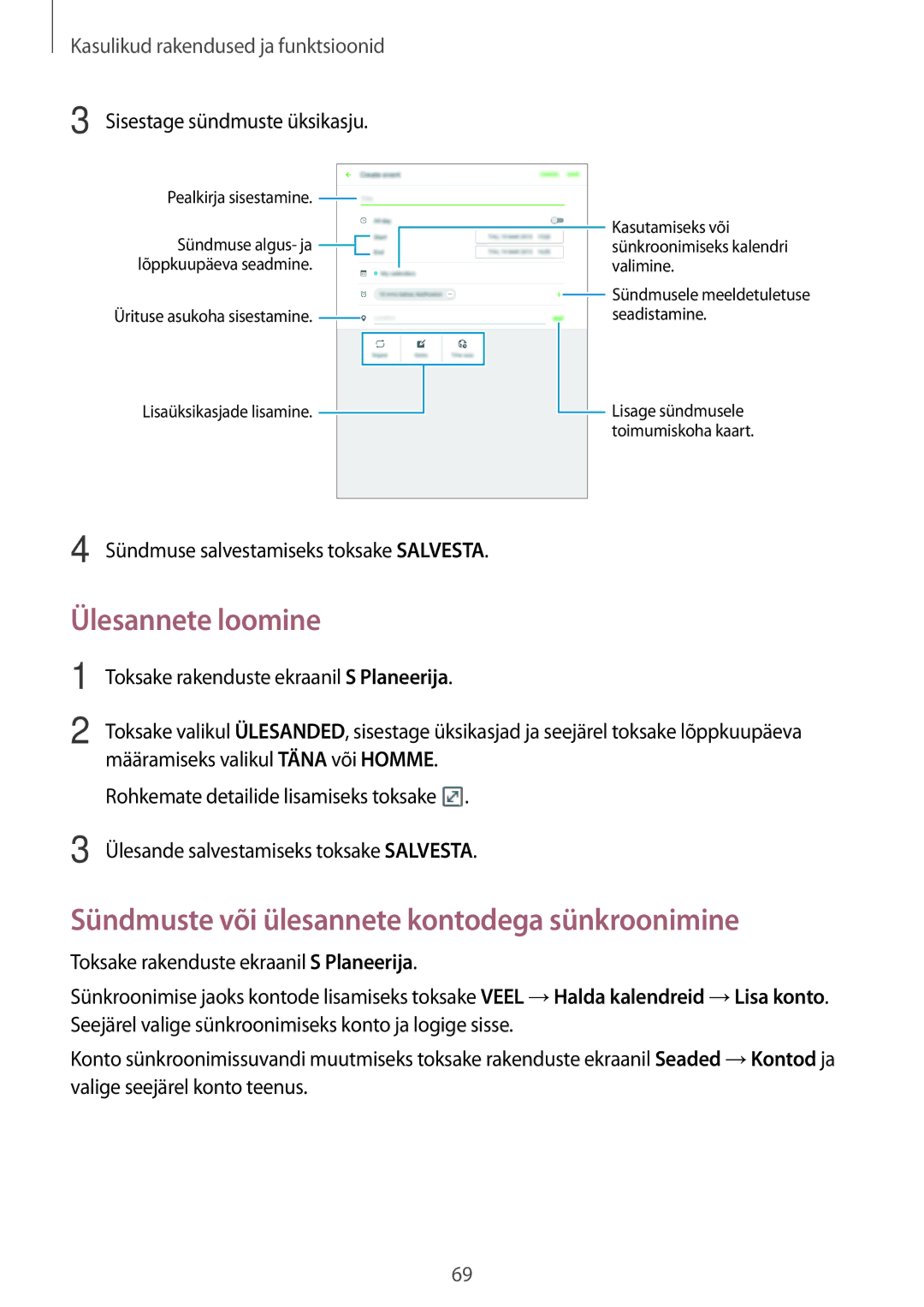 Samsung SM-P550NZKASEB Ülesannete loomine, Sündmuste või ülesannete kontodega sünkroonimine, Sisestage sündmuste üksikasju 