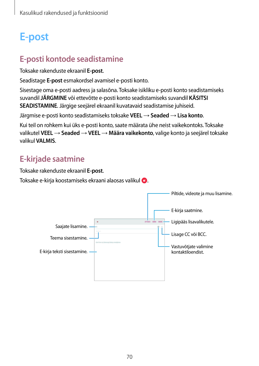 Samsung SM-P550NZKASEB manual Posti kontode seadistamine, Kirjade saatmine, Toksake rakenduste ekraanil E-post 