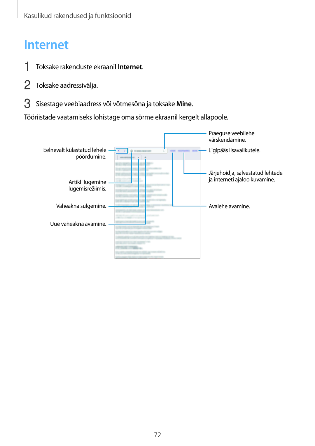 Samsung SM-P550NZKASEB manual Toksake rakenduste ekraanil Internet, Toksake aadressivälja 