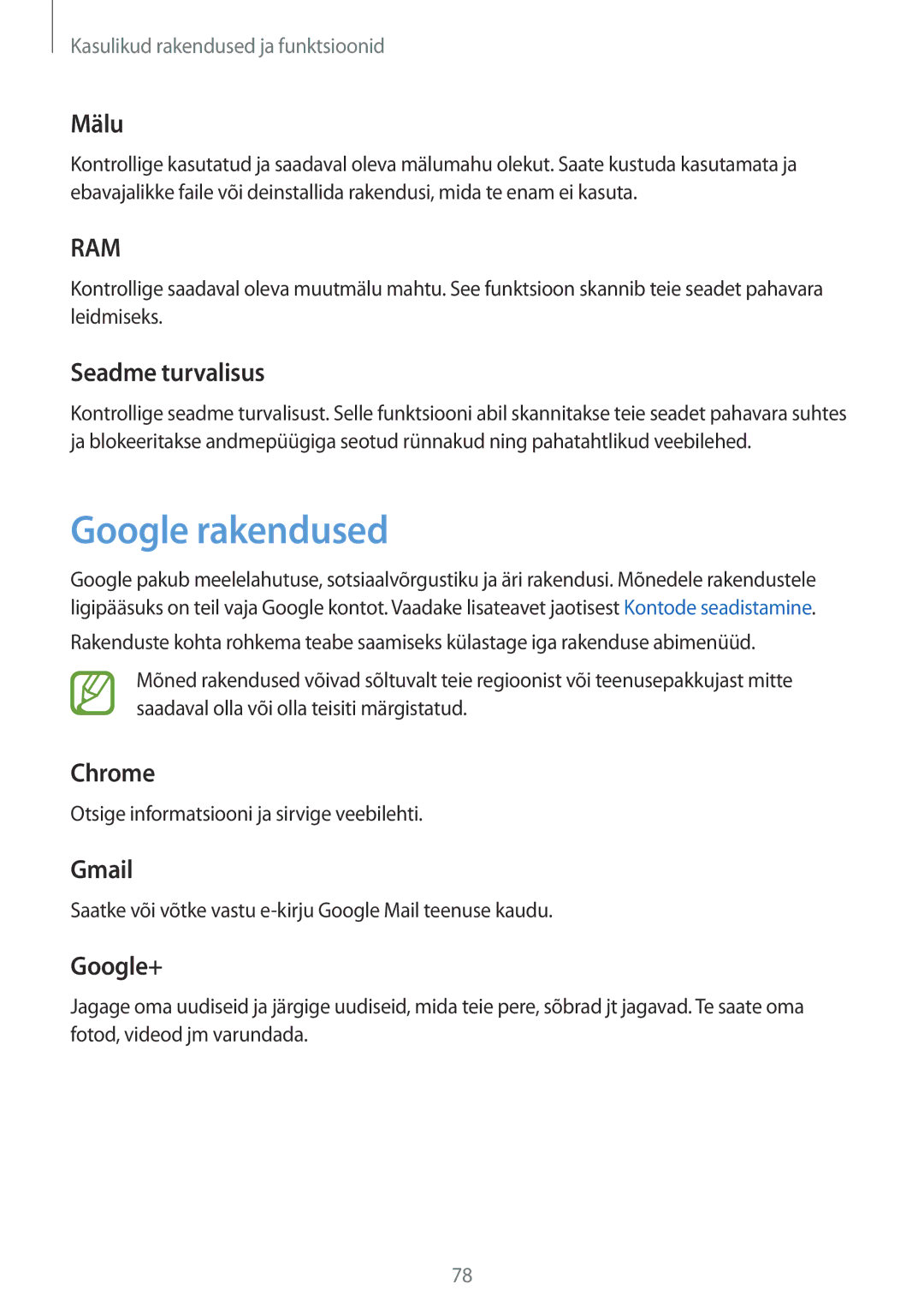 Samsung SM-P550NZKASEB manual Google rakendused 