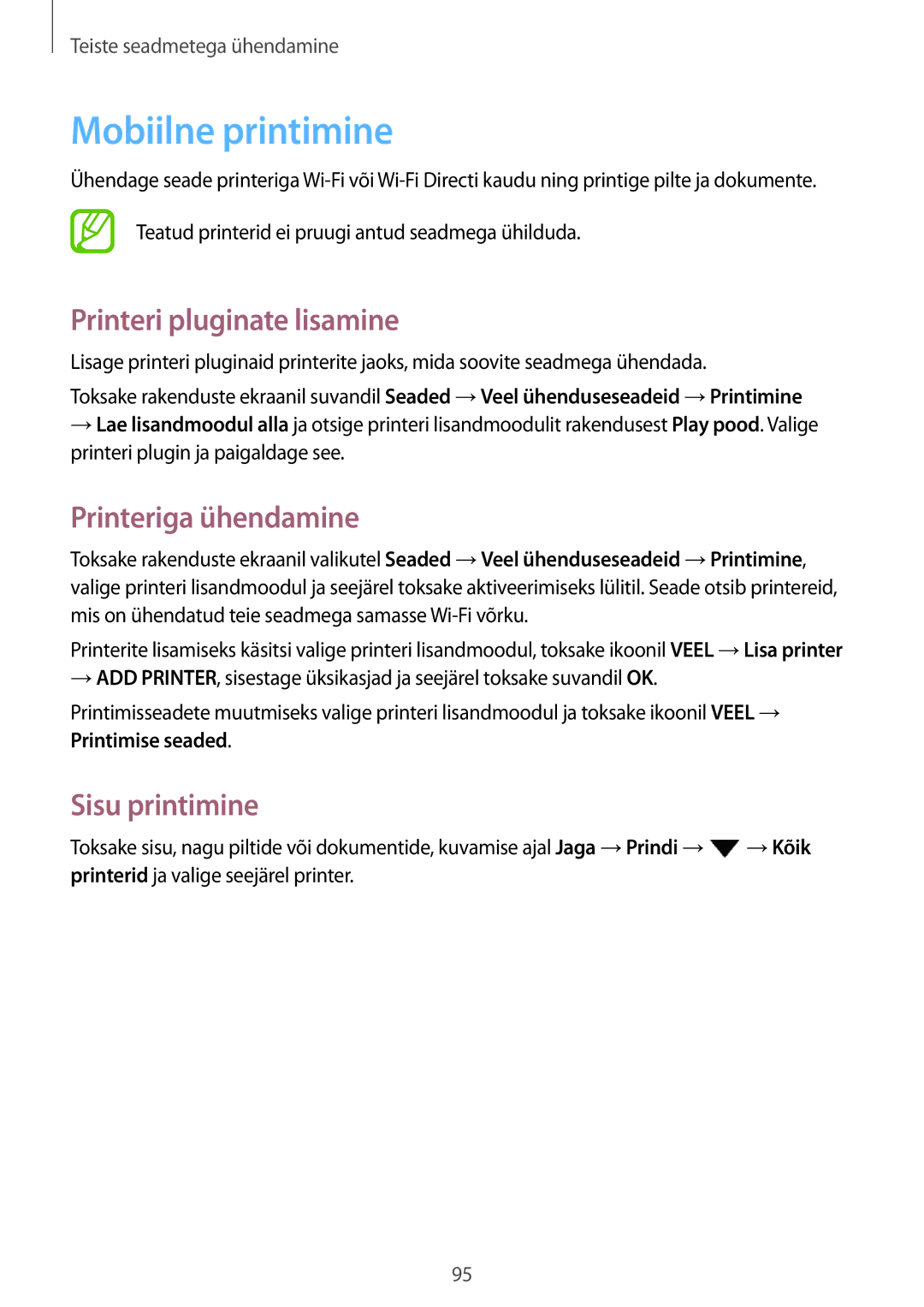 Samsung SM-P550NZKASEB manual Mobiilne printimine, Printeri pluginate lisamine, Printeriga ühendamine, Sisu printimine 