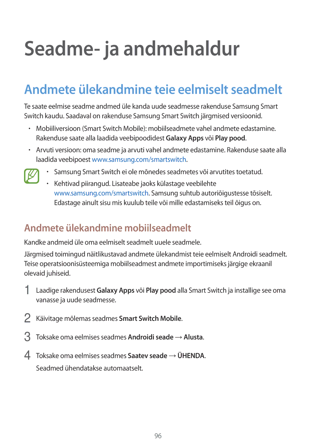 Samsung SM-P550NZKASEB manual Seadme- ja andmehaldur, Andmete ülekandmine mobiilseadmelt 