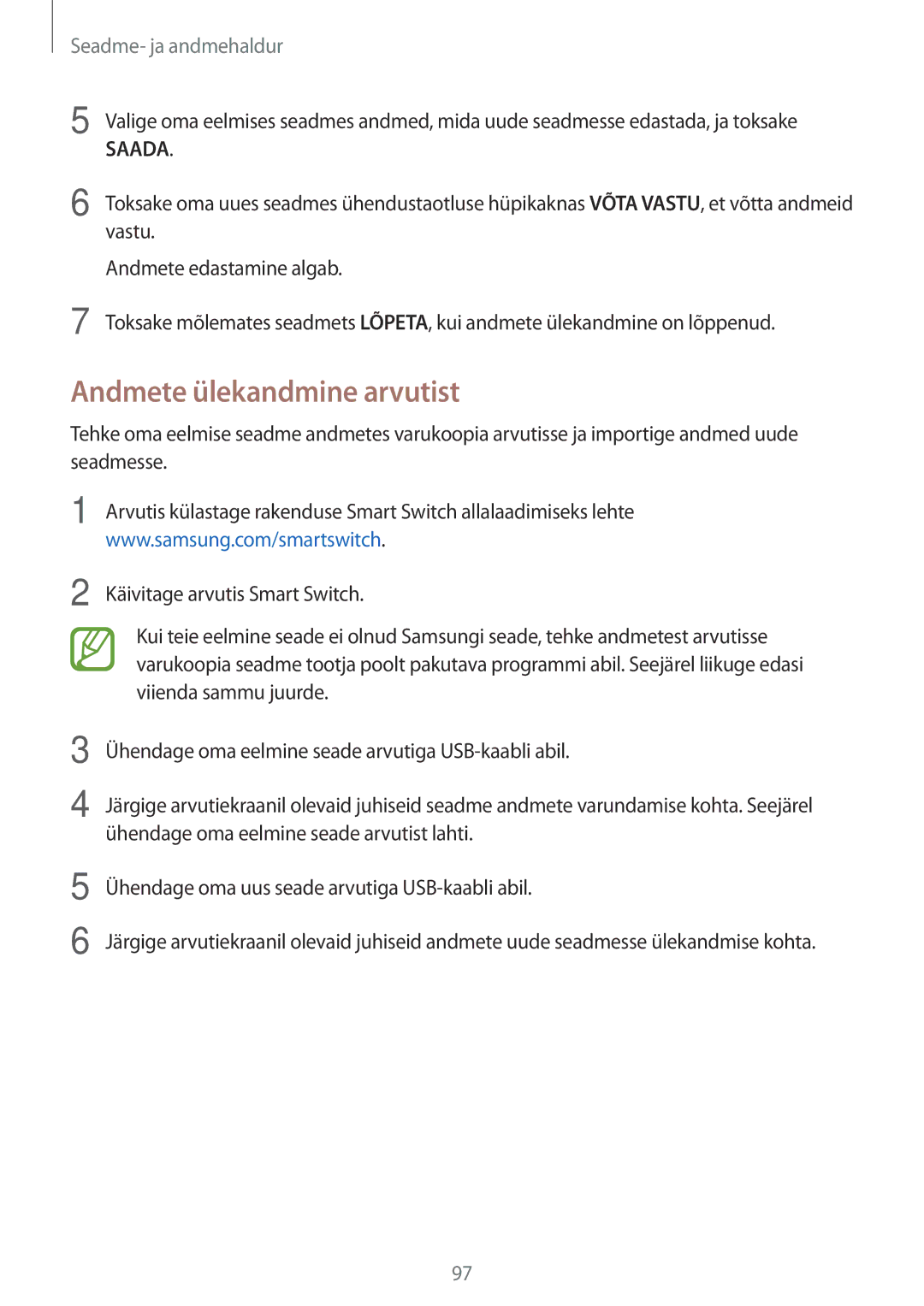 Samsung SM-P550NZKASEB manual Andmete ülekandmine arvutist, Käivitage arvutis Smart Switch 