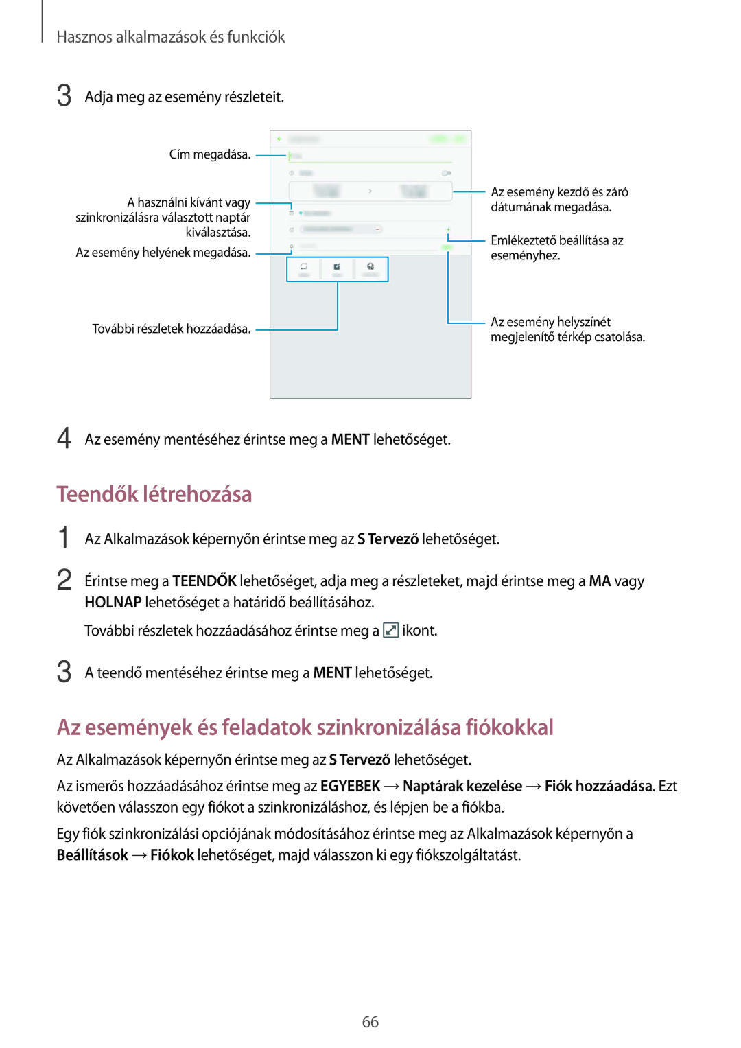 Samsung SM-P550NZWAAUT, SM-P550NZKAXEZ manual Teendők létrehozása, Az események és feladatok szinkronizálása fiókokkal 