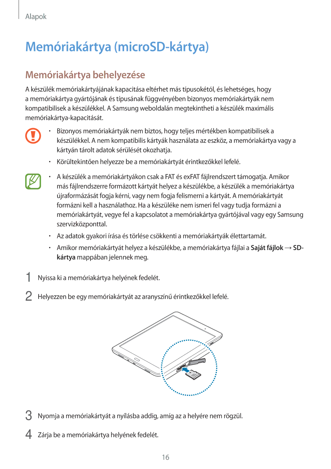 Samsung SM-P550NZWAAUT, SM-P550NZKAXEZ, SM-P550NZKAAUT manual Memóriakártya microSD-kártya, Memóriakártya behelyezése 