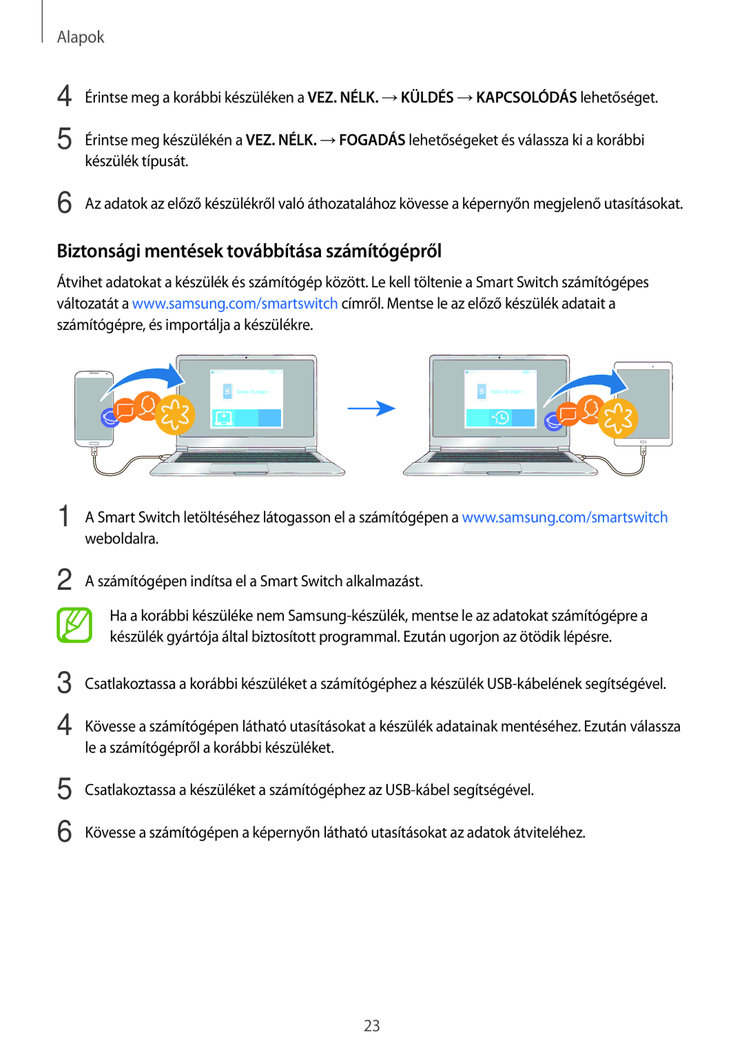 Samsung SM-P550NZWAEUR Biztonsági mentések továbbítása számítógépről, Számítógépen indítsa el a Smart Switch alkalmazást 